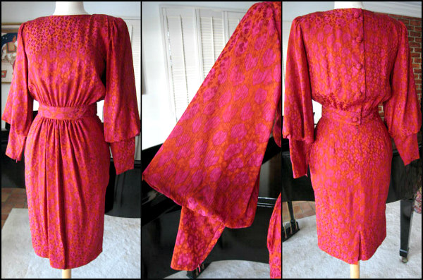 Stanley Platos silk jacquard dress with fantastic volume sleeves, circa 1980s