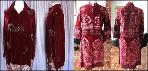 L: Catherine Bacon velvet embossed shirt, R: Hungry Palette Velvet silk screened suit