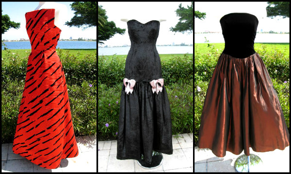 velvet gowns L: Scaasi flocked velvet, C: Martieri lame' velvet, R: 60s velvet and taffeta 